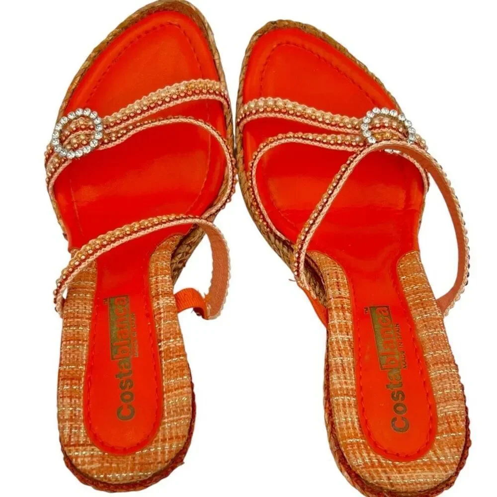 Costablanca Adelia Rhinestone Pearl Espadrille Wedge Heels Orange Size 10 Bling